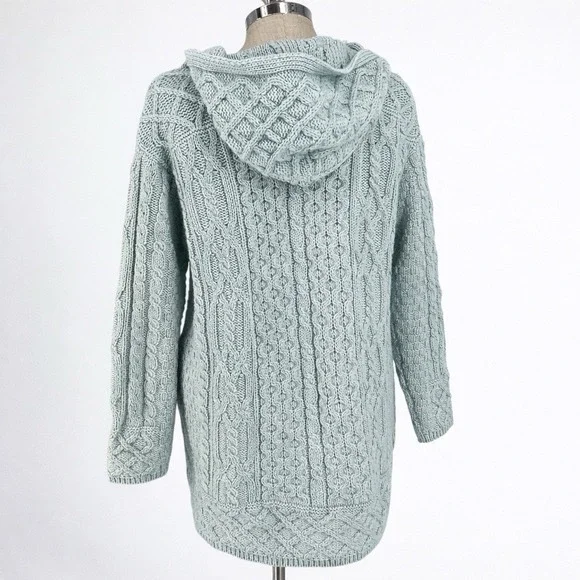 Aran Crafts Women Medium Merino Wool Cable Knit Hooded Zip Cardigan Sweater - Picture 2 of 7